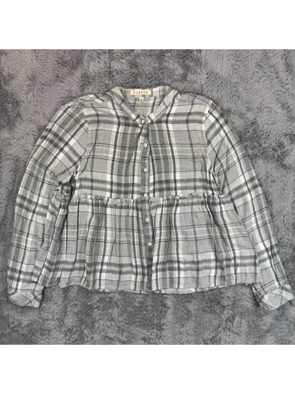 Harper Button-Up Shirt Women's L Gray Plaid Rayon Flannel Casual Preppy Academia